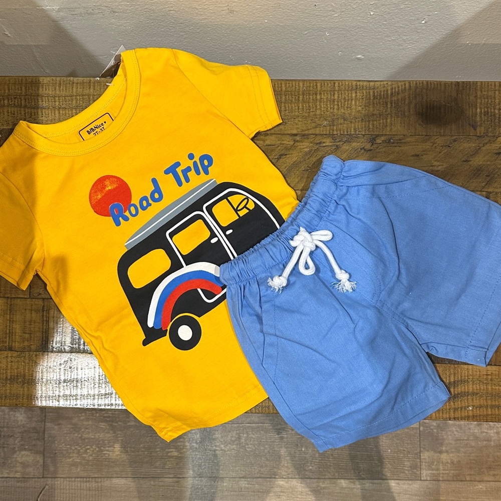 Yellow 'Road Trip' T-Shirt and Blue Shorts Set